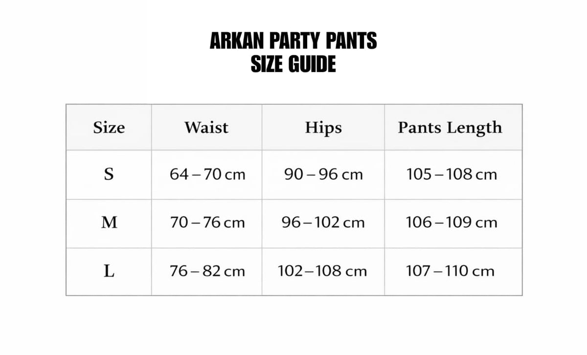 BLACK PARTY PANTS Size Guide